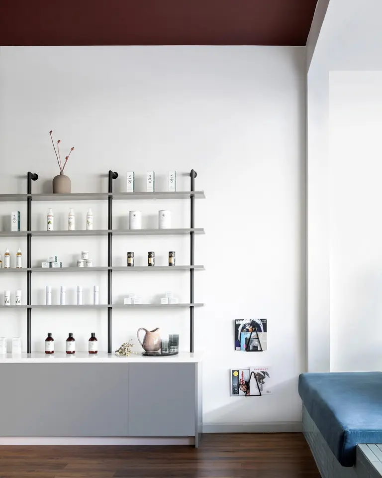 Pasadena waiting room and skincare shelves at Cheeks + Co