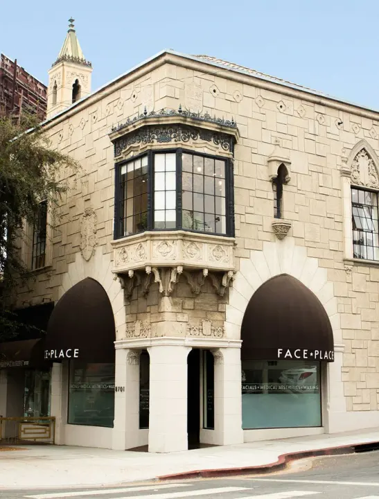 Corner entrance to Face Place on Santa Monica Boulevard in West Hollywood.